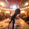 Vintage Microphone on Stage with Soft Bokeh Lights and Red Curtains performance concert Royalty Free Stock Photo