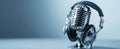 The vintage microphone with stylish headphones on a blue background..AI generated image Royalty Free Stock Photo