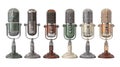 vintage microphones aligned in a row studio equipment on transparent background Royalty Free Stock Photo