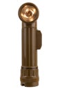 vintage military style flashlight with yellow light isolated on white Royalty Free Stock Photo