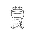 Vintage milk can with lettering, black doodle icon. Thin line sketch drawing. Hand drawn illustration for dairy products, eco farm Royalty Free Stock Photo