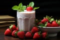 Vintage milk glass, strawberry milkshake, fresh strawberries, mint leaves on wooden table