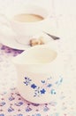 Vintage milk jug, table served for morning coffee Royalty Free Stock Photo