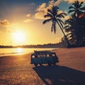 Vintage miniature van on the tropical beach at sunrise