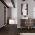 Vintage minimalist bathroom in dark and beige tones. Wooden washbasin and freestanding bathtub. Japandi retro interior design