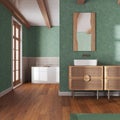 Vintage minimalist bathroom in green and beige tones. Wooden washbasin and freestanding bathtub. Japandi retro interior design