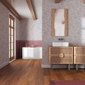 Vintage minimalist bathroom in red and beige tones. Wooden washbasin and freestanding bathtub. Japandi retro interior design