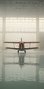 Cinematic Still Shot: Orange Plane In Indoor Pool With Fog