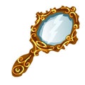Vintage mirror in a gold frame with handle isolated on a white background. Vector illustration.