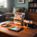 Vintage Mix Tapes, Camera, and Floppy Disk on Wooden Table Royalty Free Stock Photo