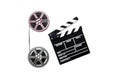 Vintage 8mm purple and grey movie reels and clapper Royalty Free Stock Photo