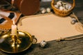 Vintage mock up. Closeup brass candlestick with burning candle and yellow paper for text on rustic wood