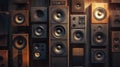 Vintage and modern loudspeakers mounted on wooden wall displaying various sizes and styles for dynamic sound experience
