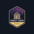 Vintage modern outdoor emblem with forest view and cabin house in forest logo icon vector, cottage hut cabin logo template Royalty Free Stock Photo