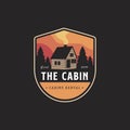 Vintage modern outdoor emblem with forest view and cabin house in forest logo icon vector, cottage hut cabin logo template Royalty Free Stock Photo