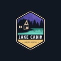 Vintage modern outdoor emblem with lake view and cabin house in forest logo icon vector, cottage hut cabin logo template Royalty Free Stock Photo