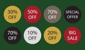 Vintage modern round colorful discount and sale stickers labels set design elements on green Royalty Free Stock Photo