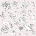 Vintage Monochrome Floral Set Of Illustration With Woman Hand, Baroqe Flowers