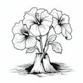 Vintage Monochrome Illustration Of Hibiscus On Cracked Trunk In Flat Design