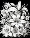 Vintage monochrome illustration of lilies on dark background evoking nostalgic ambiance