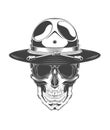 Vintage monochrome illustration of skull with police headdress and sunglasses. Isolated vector template