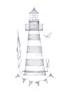 Vintage monochrome nautical elements illustration with lighthouse, seagull, flag and water plant. Sea poster collection Royalty Free Stock Photo