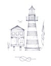 Vintage monochrome nautical elements illustration with lighthouse, wooden fisherman's house, seagull, knotted rope and Royalty Free Stock Photo