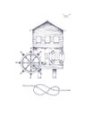 Vintage monochrome nautical elements illustration with sea house, seagull, lifebuoy, wheel and knotted rope. Sea poster Royalty Free Stock Photo