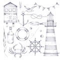 Vintage monochrome nautical elements set with lighthouse, bottle, anchor, lifebuoy, wheel, seagull, crab, fish, flag Royalty Free Stock Photo