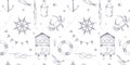 Vintage monochrome nautical seamless pattern with bottle, anchor, lifebuoy, wheel, seagull, crab, fish, flag, rope