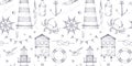 Vintage monochrome nautical seamless pattern with lighthouse, bottle, anchor, lifebuoy, wheel, seagull, crab, fish, flag