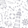 Vintage monochrome nautical seamless pattern with lighthouse, bottle, anchor, lifebuoy, wheel, seagull, crab, fish, flag