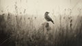 Vintage Monochrome Portrait: Bird Perched On Tall Grass