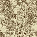 Vintage Monochrome Seamless Background, Tropical Fruit, Flowers, Butterfly and Birds