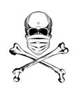 Vintage monochrome skull in protective mask and crossbones isolated vector illustration