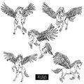 Vintage monochrome vector set of winged pegasus