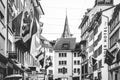 Vintage monochrome view of historic Old Town, shops and luxury stores near main downtown Bahnhofstrasse street, Swiss