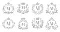 Vintage monogram emblem. Luxury ornate silver logo, heraldic monograms and old king royal crown emblems vector