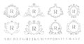 Vintage monogram emblem. Retro art ornamental luxury emblems, royal crown monograms wreath and wedding swirls frame