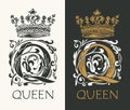 Ornate letter Q with crown vector logo design