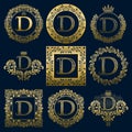 Vintage monograms set of D letter. Golden heraldic logos in wreaths, round and square frames