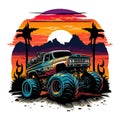 vintage monster car design, driving in the mountains with sunset