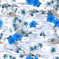 Vintage mood pon monotone blue island summer paradise with blooming hibiscus flowers,palm tree and exotic plants design for all