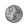 Vintage Moon Face. Sun, Star, Celestial Antique Retro Night Astronomy Icon, Line Tattoo Or Logo, Old Crescent For Sketch