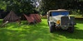 Vintage 1944 Morris-Commercial truck and a Second World War tent camp