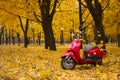 Vintage motorcycle in the autumn forest.