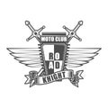 Vintage motorcycle club emblem with wings, knight swords and ribbon in monochrome style isolated vector illustration