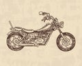 Vintage motorcycle, retro bicycle. Extreme Biker Transport in Old Style. Hand drawn Engraved Monochrome Sketch for Royalty Free Stock Photo