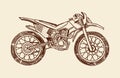 Vintage Motorcycle, Retro Bicycle. Extreme Biker Transport In Old Style. Hand Drawn Engraved Monochrome Sketch For