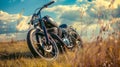 vintage motorcycle stands in a breezy grassland generative ai